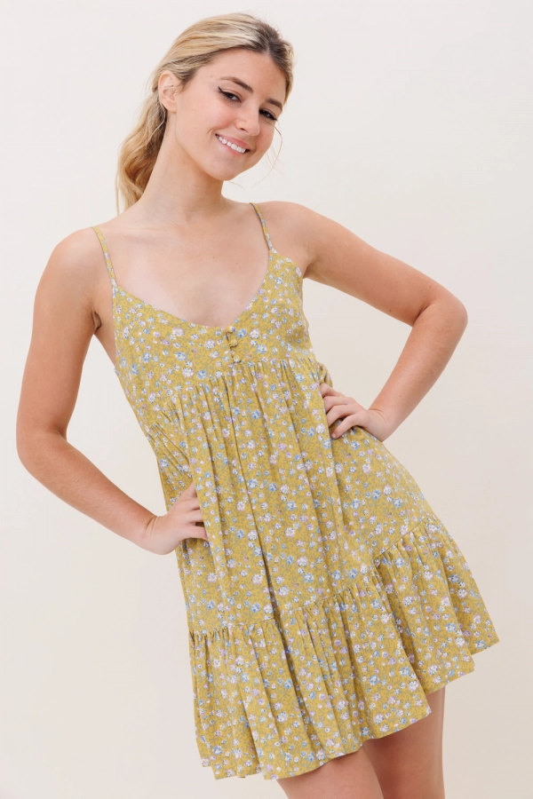 wholesale clothing mustard floral mini dress with v neck and spaghetti straps In The Beginning