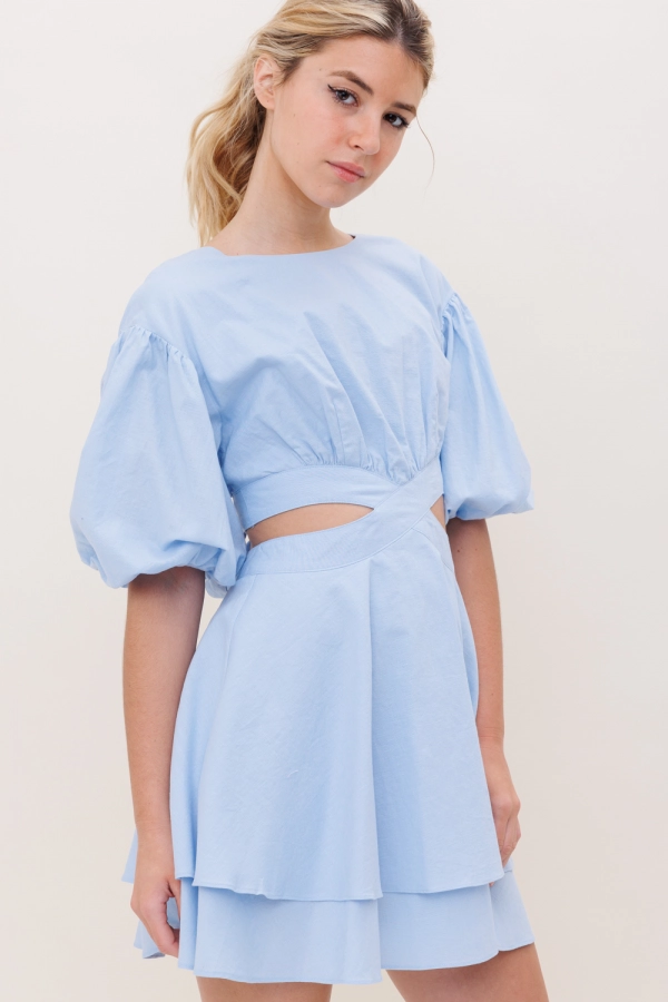 wholesale clothing light blue mini dress with boat neck and belted back In The Beginning