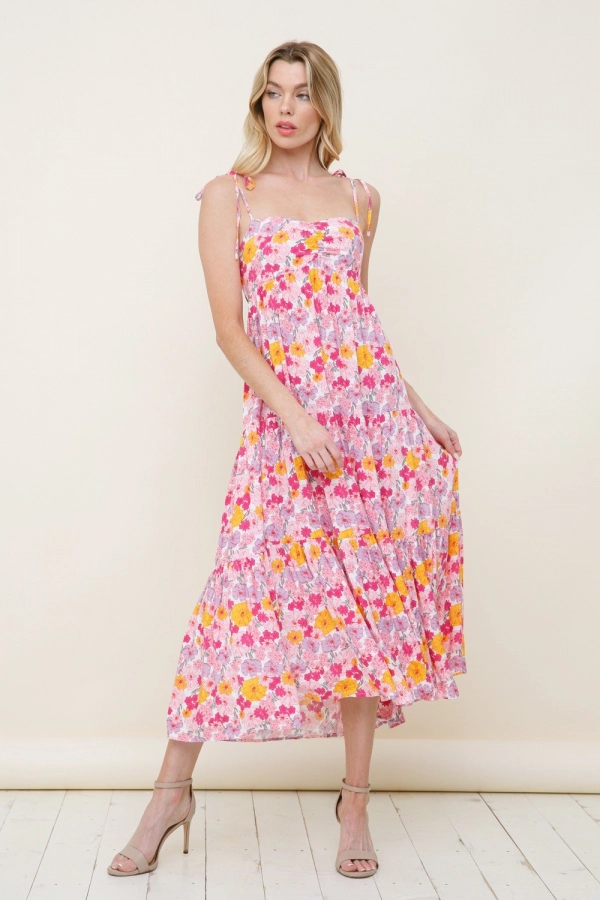 wholesale clothing hot pink floral midi dress with open back In The Beginning
