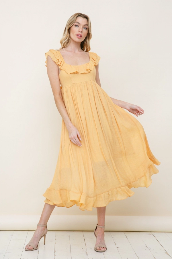 wholesale clothing mustard solid midi dress with ruffle In The Beginning