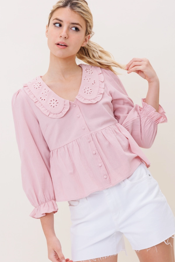 wholesale clothing pink 3/4th sleeve top with collar and buttons In The Beginning