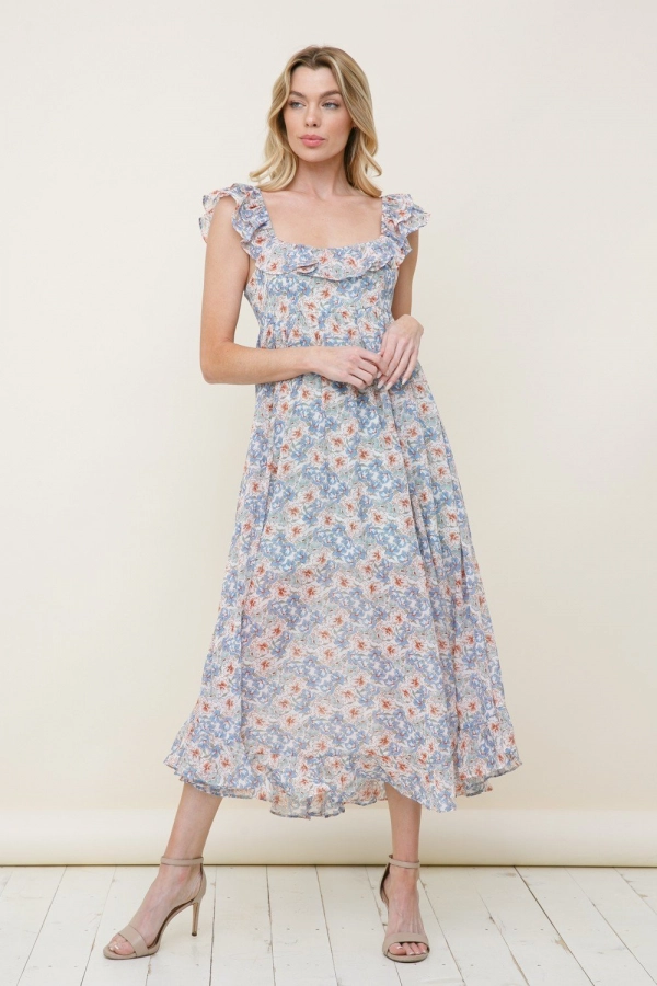 wholesale clothing blue floral maxi dress with square neck In The Beginning