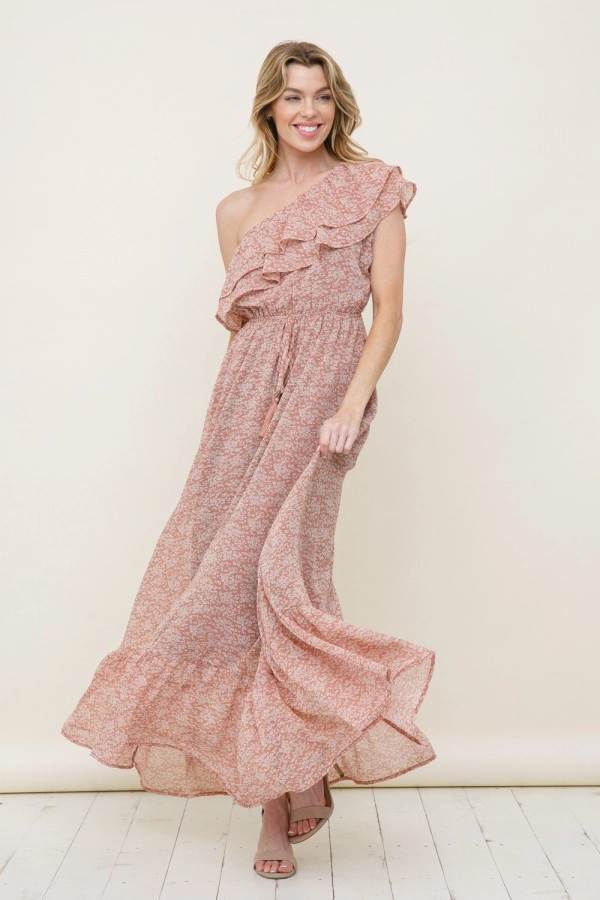wholesale clothing rust floral maxi dress with ruffle one shoulder In The Beginning