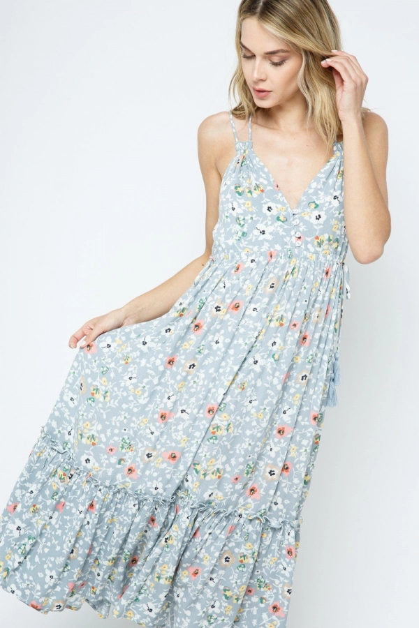 wholesale clothing grey multi floral sleeveless midi dress with deep v neck In The Beginning