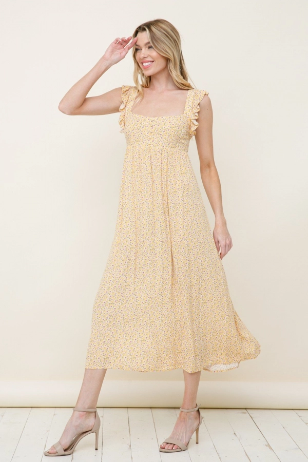 wholesale clothing yellow floral midi dress with square neck In The Beginning