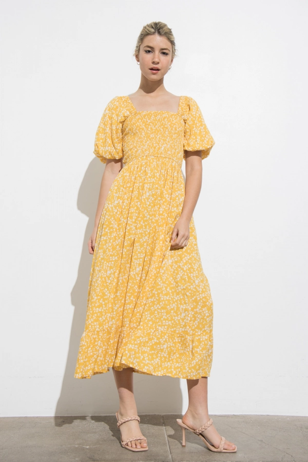wholesale clothing yellow midi dress with square neck and ruffle details In The Beginning
