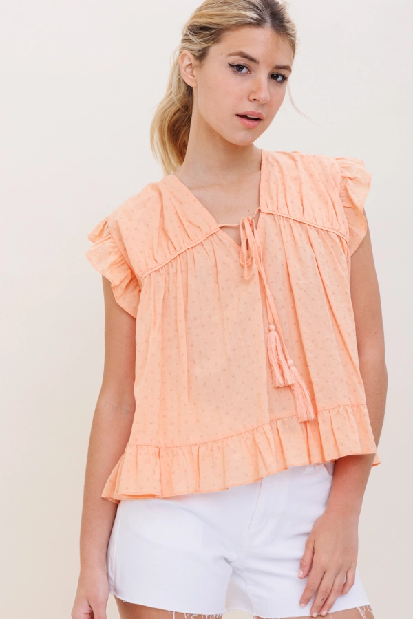 wholesale clothing orange polka dot ruffle top with belted neck In The Beginning