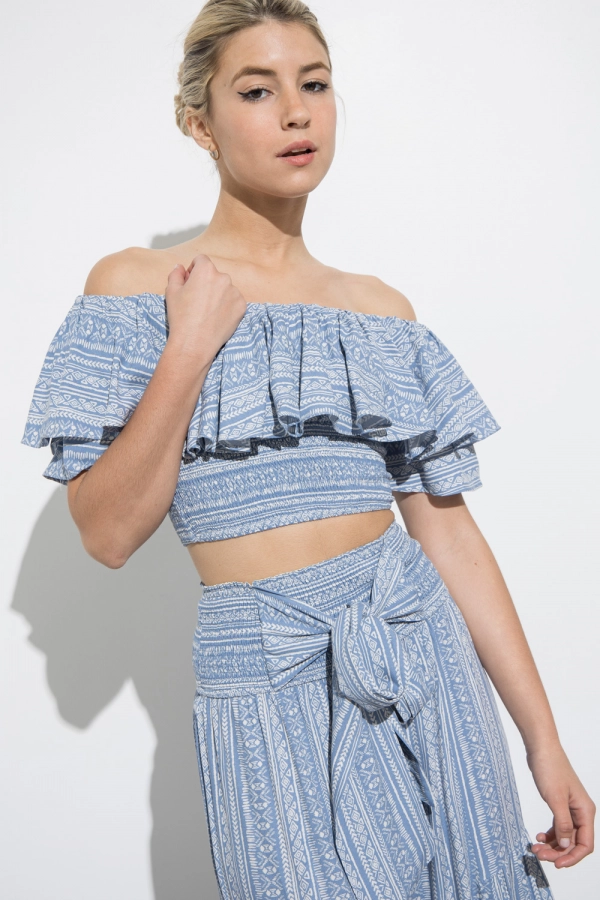 wholesale clothing blue off shoulder crop top with ruffle details In The Beginning