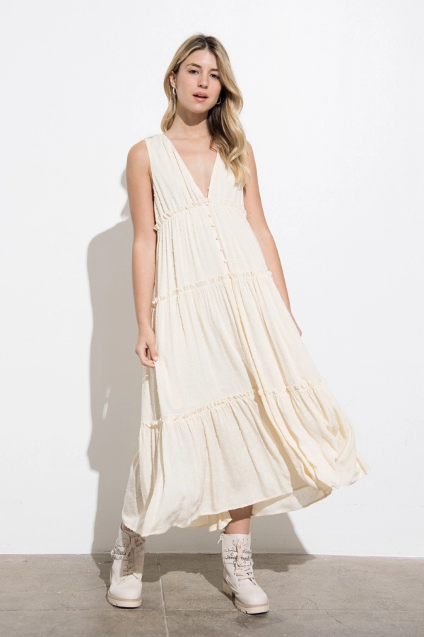 wholesale clothing ivory maxi dress with v neck and ruffle detail In The Beginning