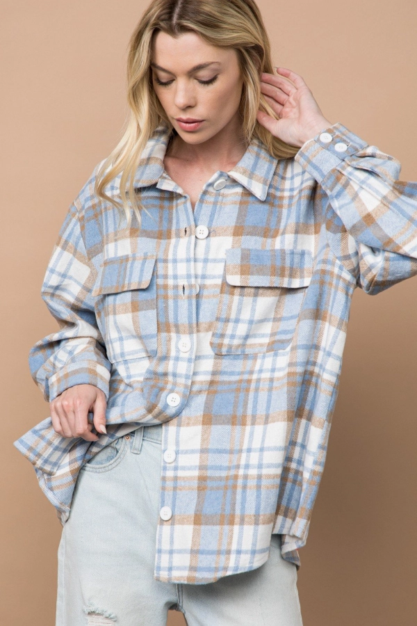 wholesale clothing blue plaid long sleeve top with buttons In The Beginning
