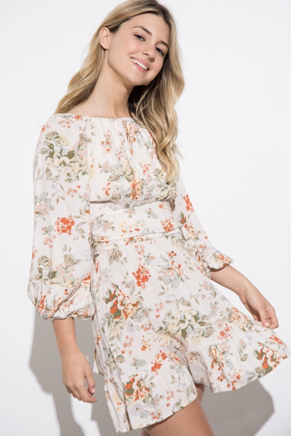 wholesale clothing blush floral mini dress with waist tie boat neck and puff sleeve In The Beginning