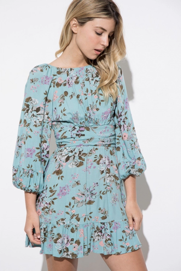 wholesale clothing sage floral mini dress with waist tie boat neck and puff sleeve In The Beginning
