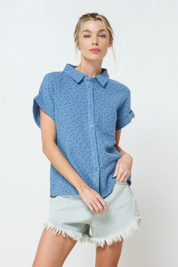 wholesale clothing blue collared top with buttons In The Beginning