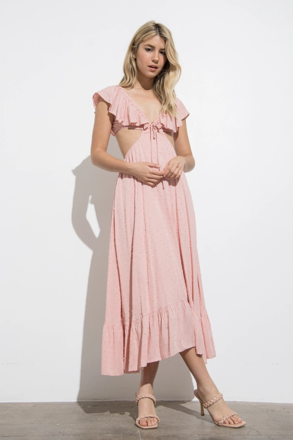 wholesale clothing blush maxi dress with v neck and waist cut details In The Beginning