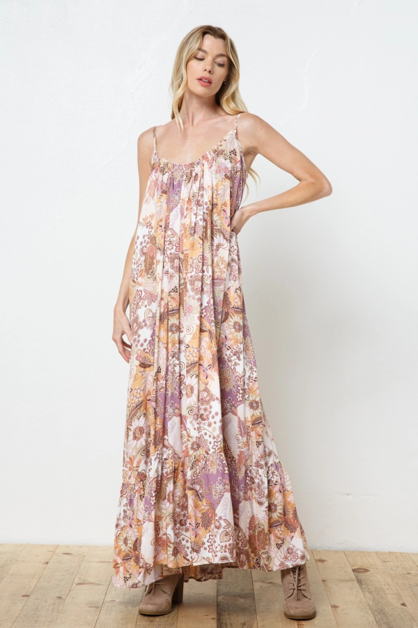 wholesale clothing brown multi print maxii dress with spaghetti straps In The Beginning
