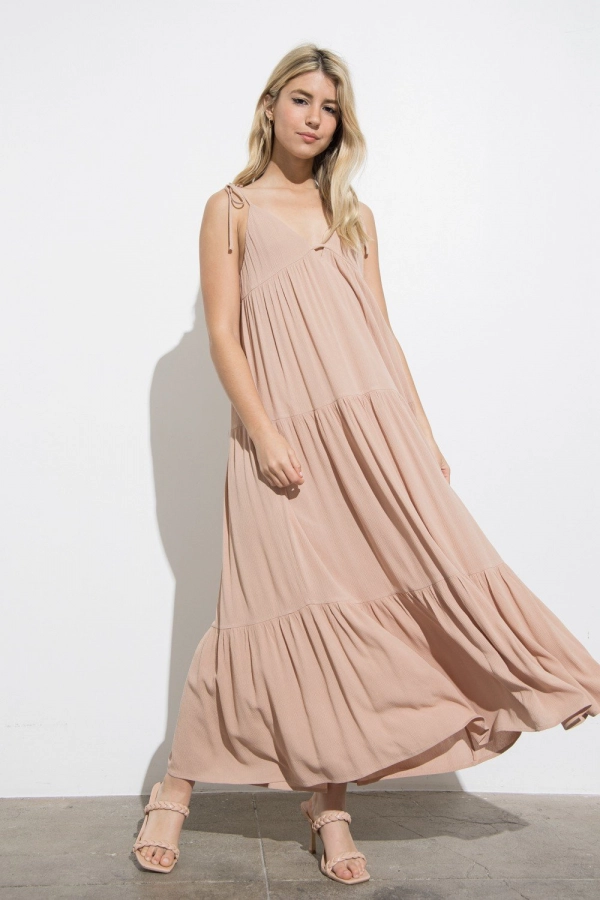 wholesale clothing khaki  maxi dress with v neck and spaghetti straps In The Beginning