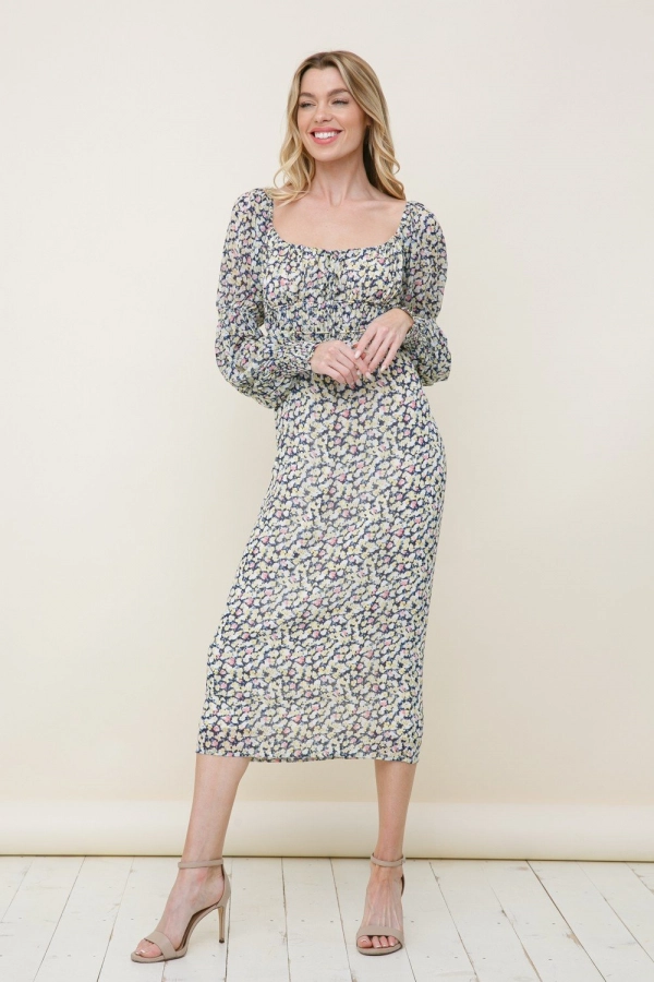 wholesale clothing navy floral midi dress with square neck In The Beginning