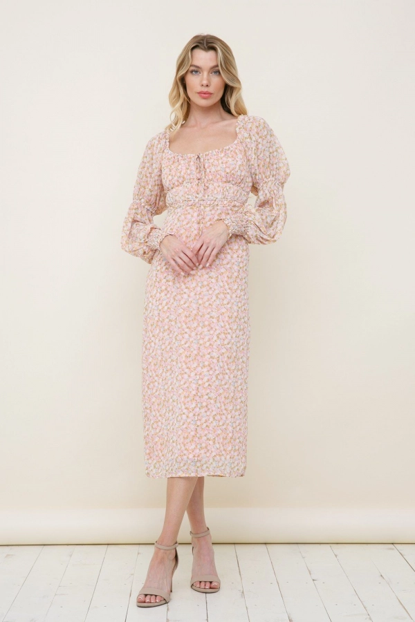 wholesale clothing pink floral midi dress with full sleeve In The Beginning
