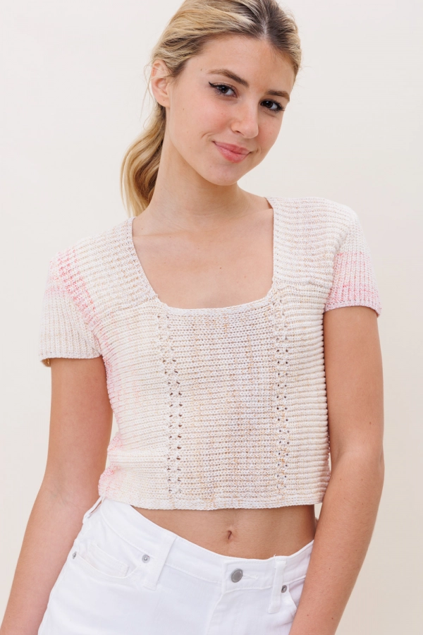 wholesale clothing beige multi crop top with square neck In The Beginning
