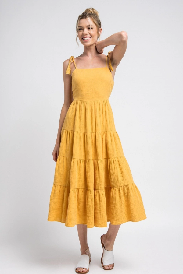 wholesale clothing mustard open back midi dress with ruffle details In The Beginning