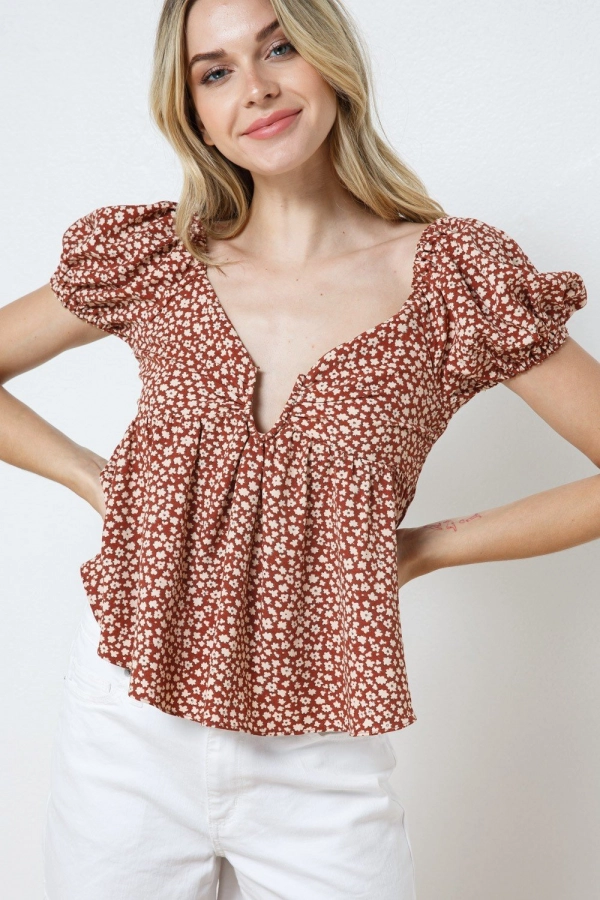 wholesale clothing brown floral top with v neck and short sleeve In The Beginning