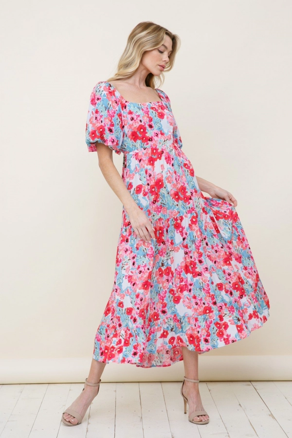 wholesale clothing hot pink floral midi dress with square neck In The Beginning