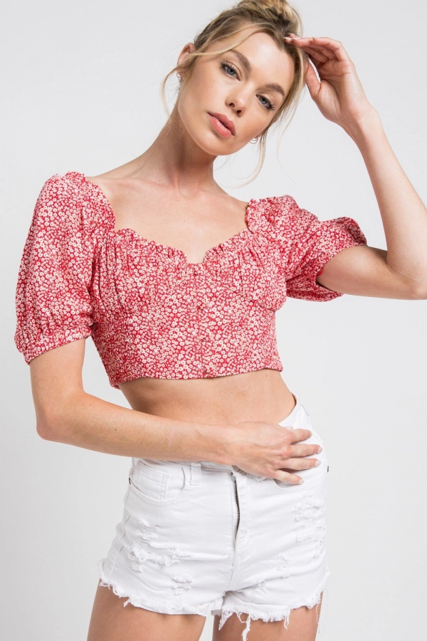 wholesale clothing red floral crop top with off shoulder In The Beginning