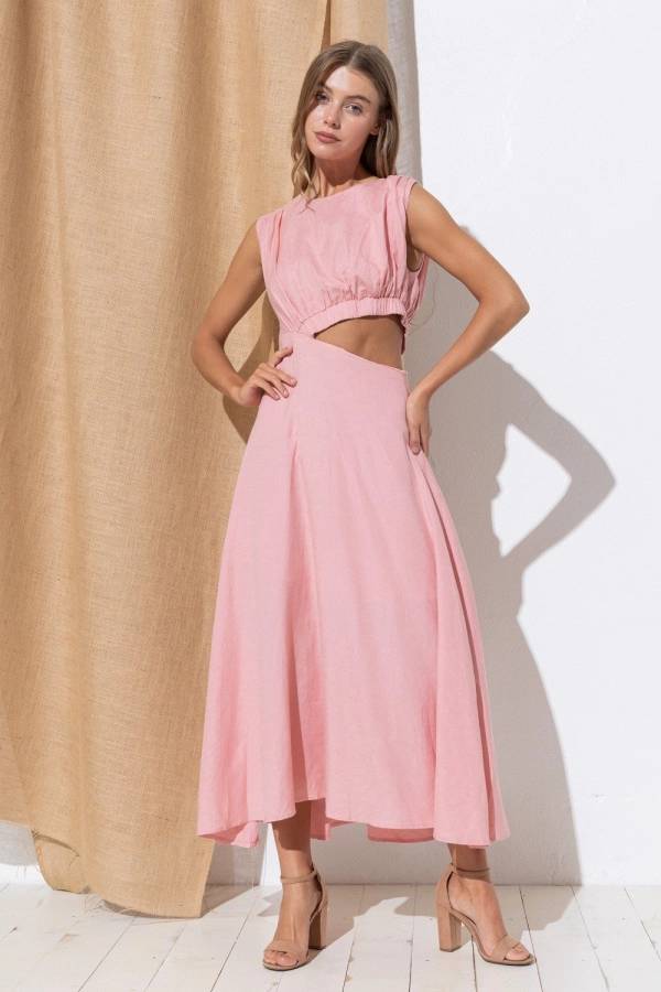 wholesale clothing pink maxi dress with boat neck and stretch waist details In The Beginning