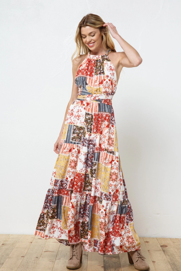 wholesale clothing red multi maxi dress with crossed back In The Beginning