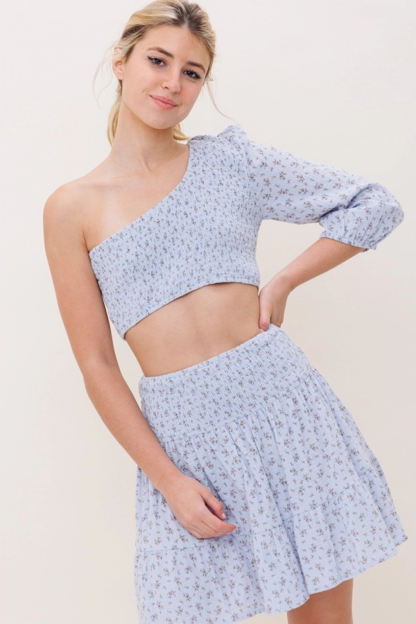 wholesale clothing blue one shoulder cropped top In The Beginning