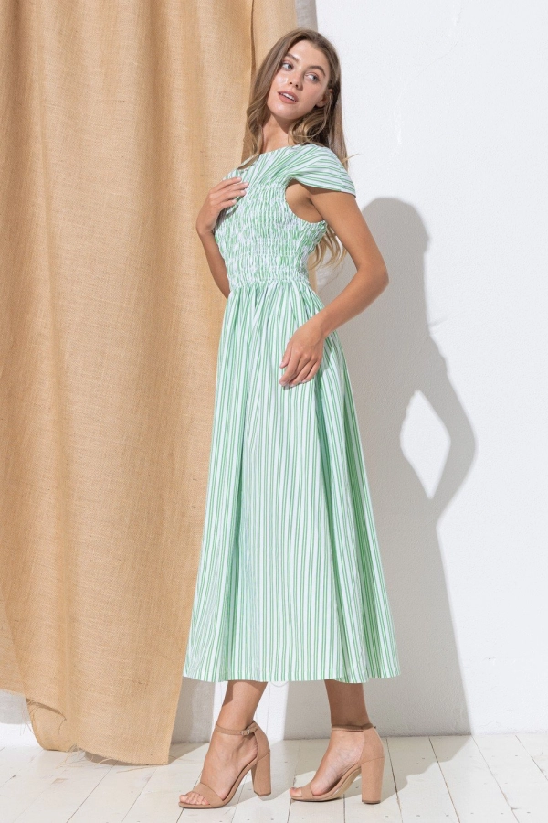 wholesale clothing green stripe  boat neck maxi dress with ruffle details In The Beginning
