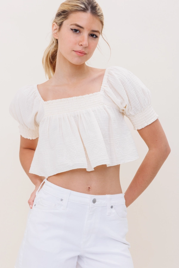 wholesale clothing ivory crop top with square neck and short sleeve In The Beginning
