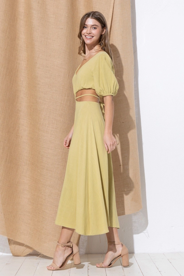 wholesale clothing lime maxi dress with v neck and waist cut details In The Beginning