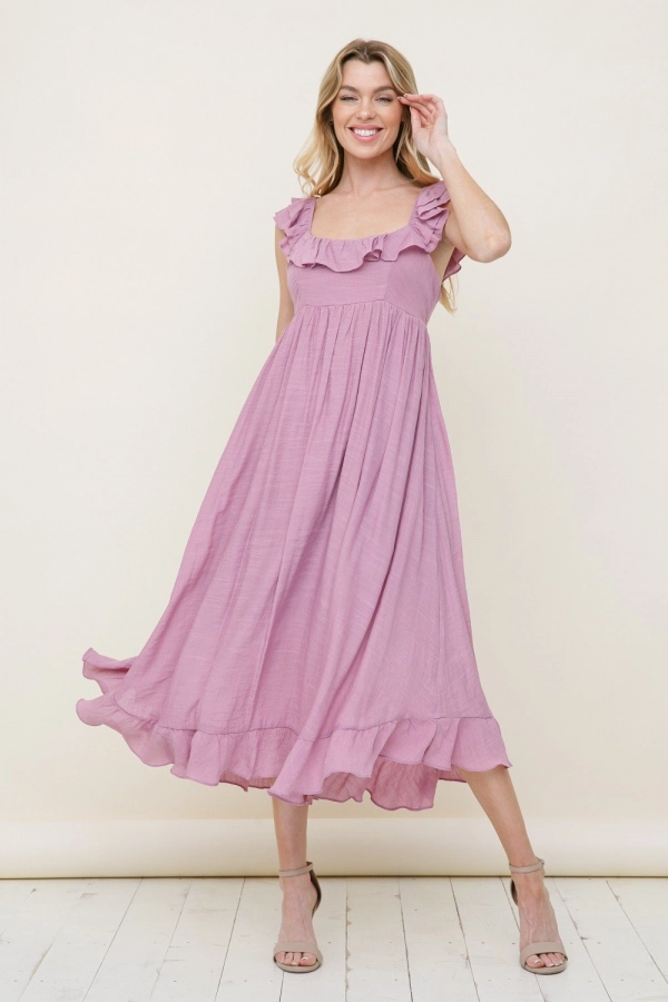 wholesale clothing mauve solid midi dress with ruffle In The Beginning