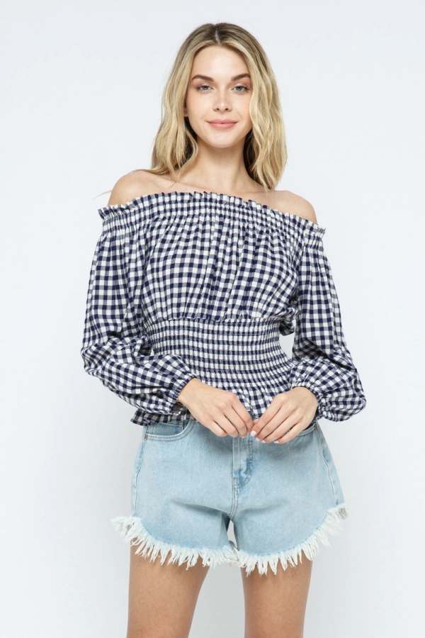 wholesale clothing navy checkered off shoulder top with bell sleeve In The Beginning