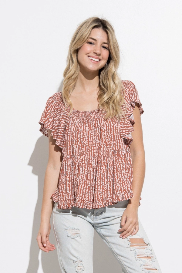 wholesale clothing rust top with short kimono sleeve and round neck In The Beginning