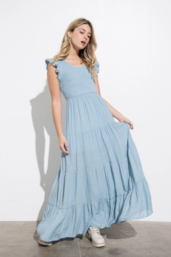 wholesale clothing dusty blue  maxi dress with round neck In The Beginning