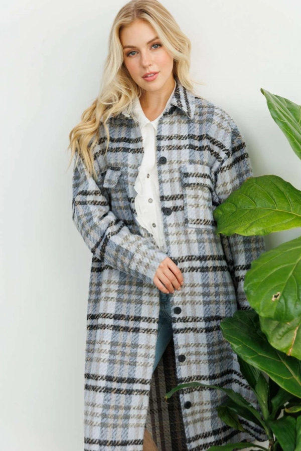 wholesale clothing blue multi plaid long jackets with buttons In The Beginning