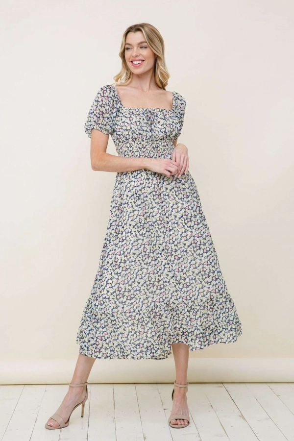 wholesale clothing navy floral square neck midi dress with smock In The Beginning