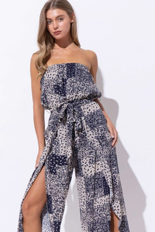 wholesale clothing navy strapless belted jumpsuit In The Beginning