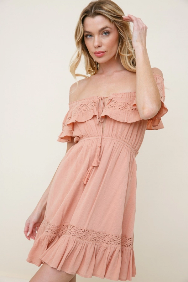 wholesale clothing salmon off shoulder mini dress with ruffle details In The Beginning