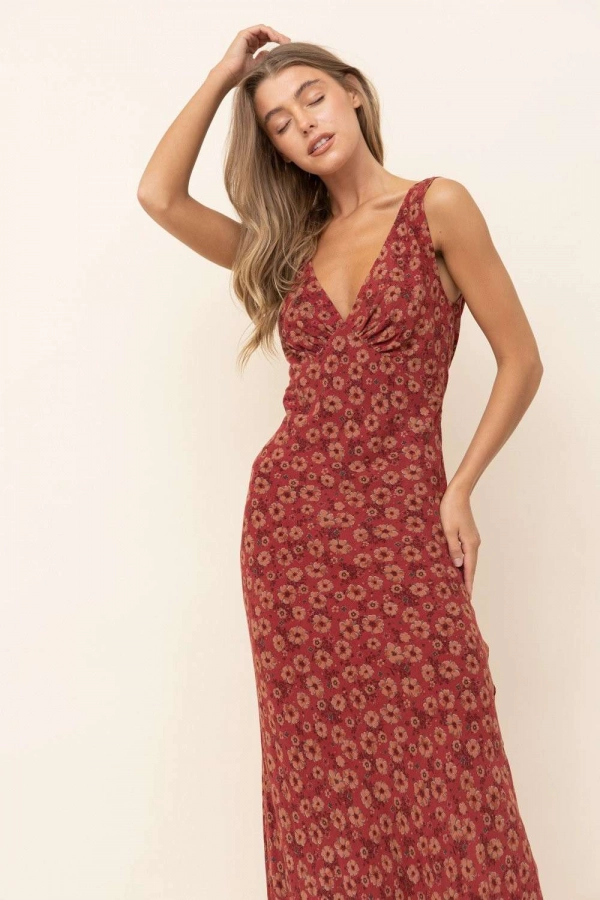 wholesale clothing wine maxi dress with v neck and ruffle details In The Beginning