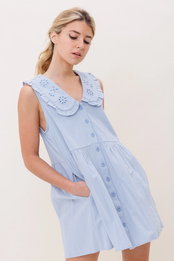 wholesale clothing denim blue mini dress with buttons and pockets In The Beginning