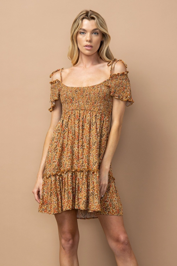 wholesale clothing mustard mini dress with off shoulder and ruffle details In The Beginning