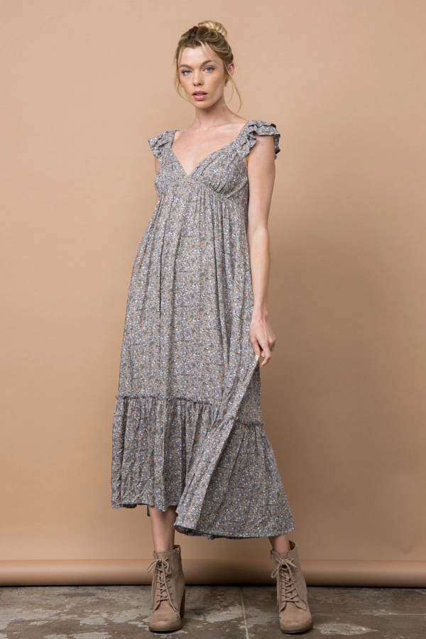 wholesale clothing grey floral dress with v neck and ruffle details In The Beginning