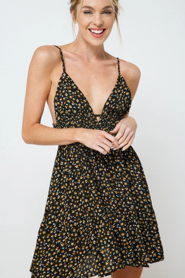 wholesale clothing black floral mini dress with spaghetti straps In The Beginning