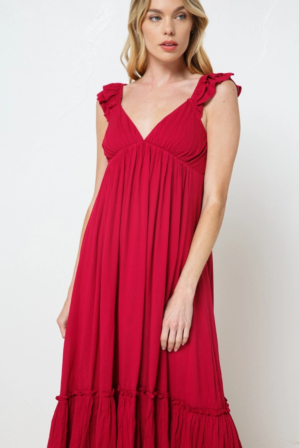 wholesale clothing burgundy maxi dress with v neck and ruffle detail In The Beginning
