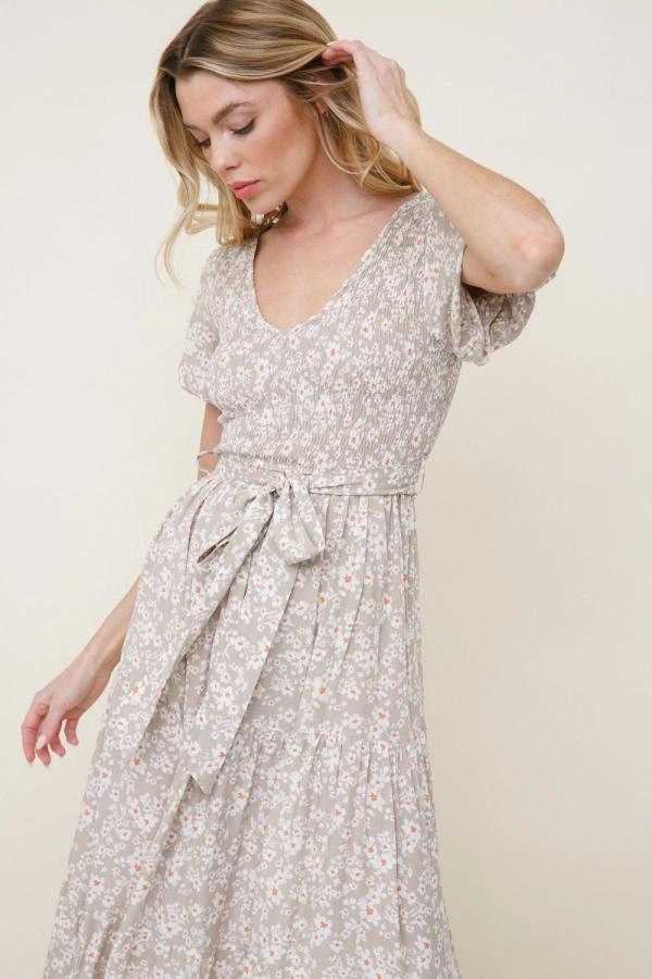 wholesale clothing beige floral dress with v neck and belted waist In The Beginning