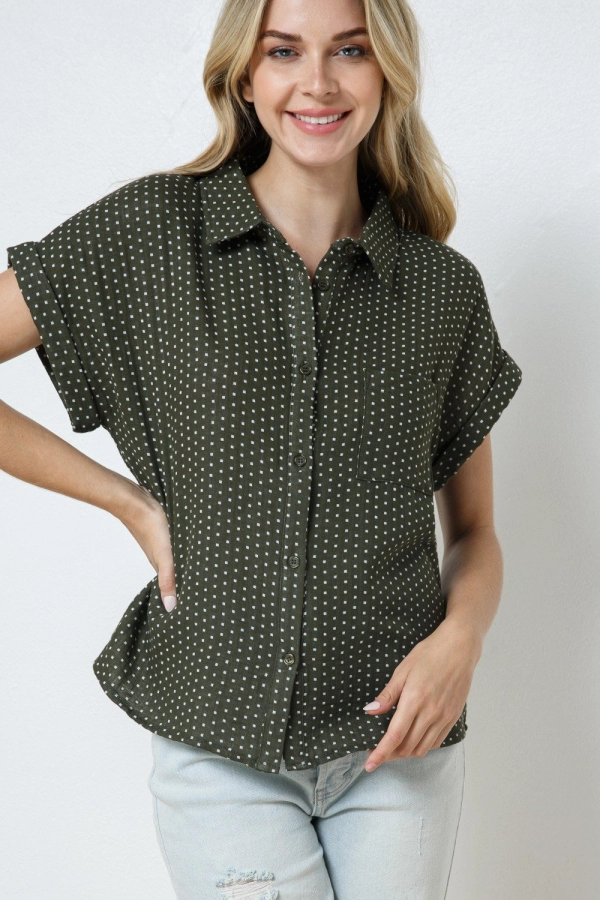 wholesale clothing olive  polka dottop with buttons and short sleeve In The Beginning