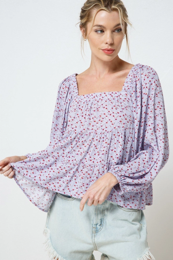 wholesale clothing lavender floral long sleeve top with square neck In The Beginning